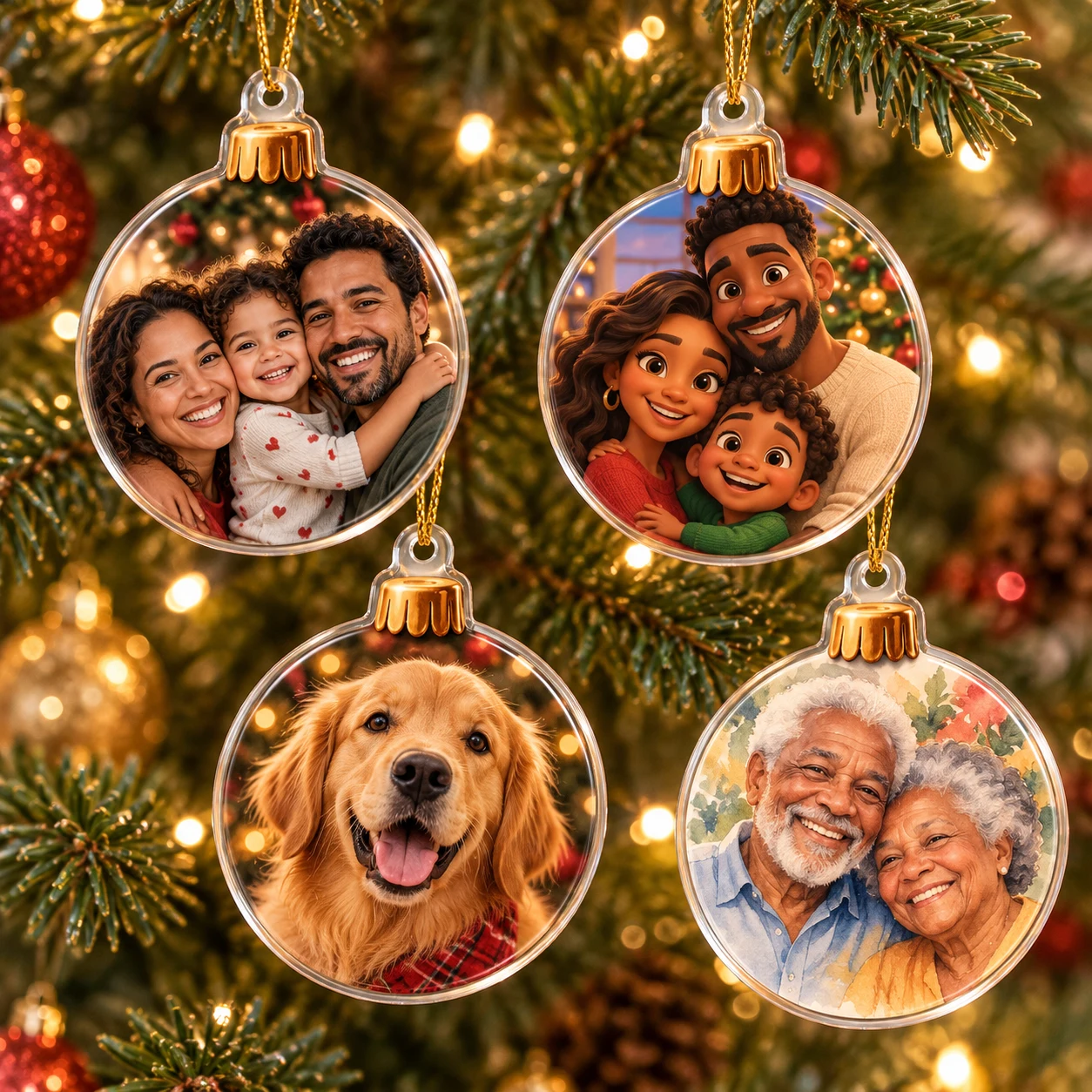 Enfeites de Natal com foto pendurados na árvore