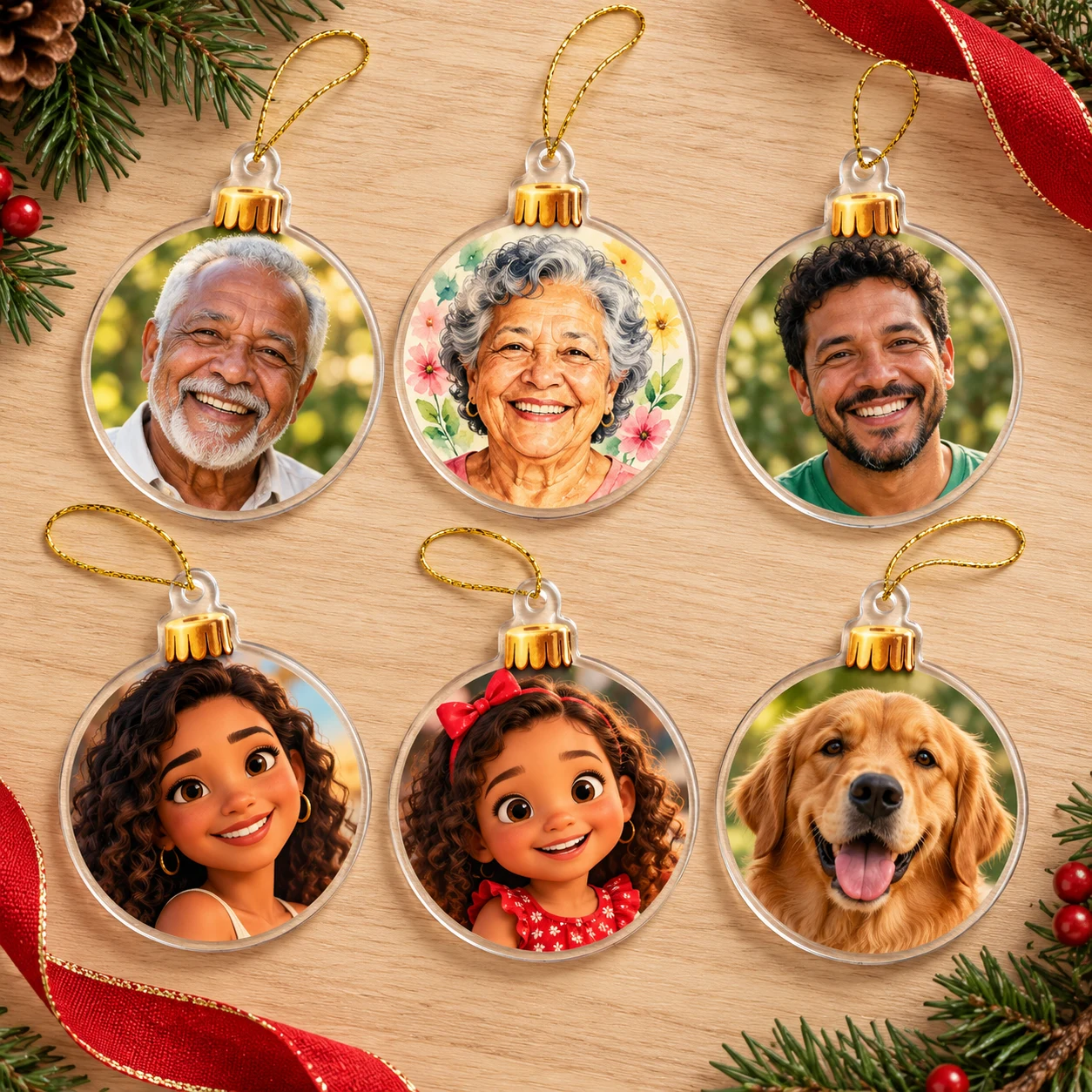 Kit de enfeites de Natal, um com a foto de cada pessoa da família
