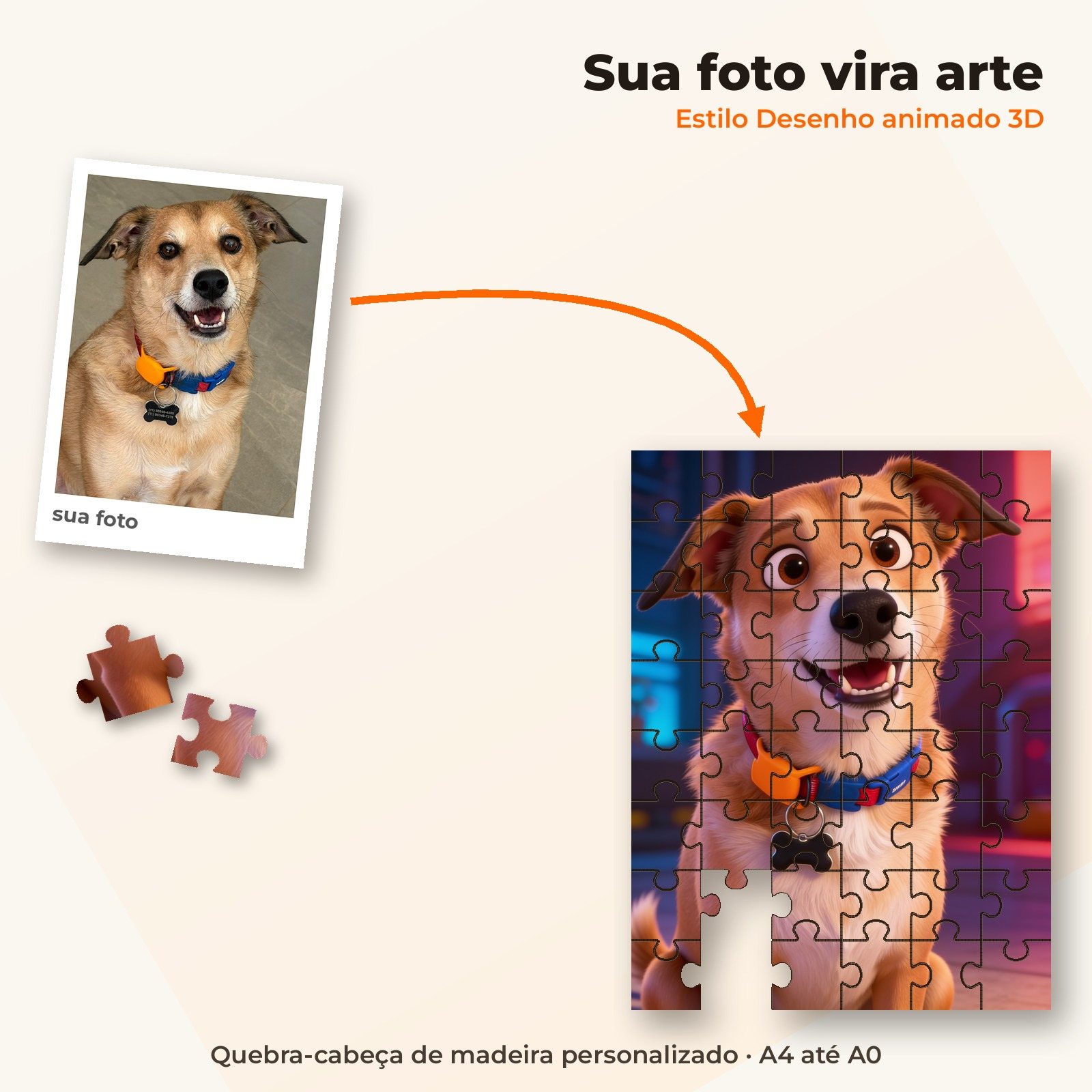 Foto de cachorro virando quebra-cabeça de madeira no estilo Desenho animado 3D