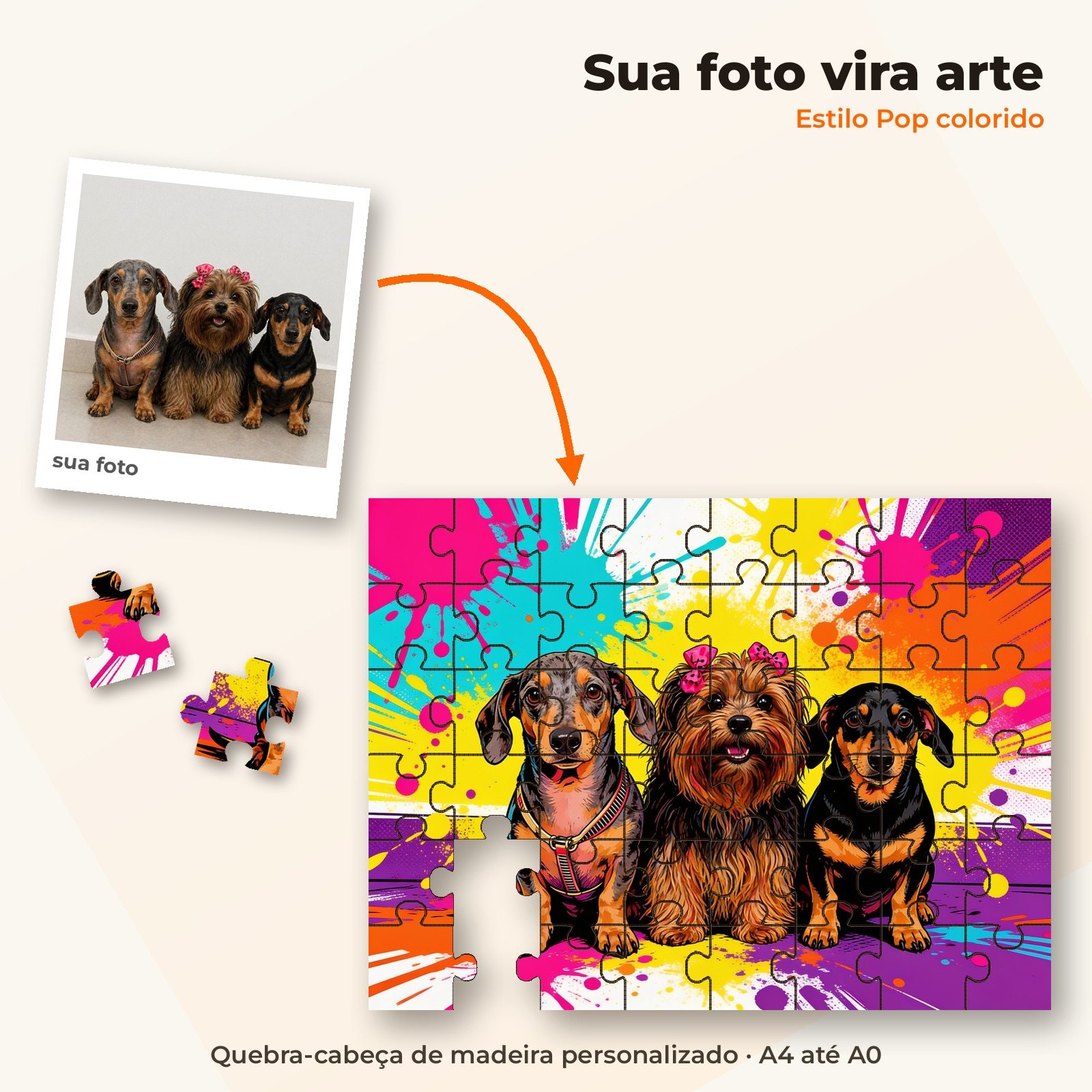 Foto de 3 cachorros virando quebra-cabeça de madeira no estilo Pop colorido