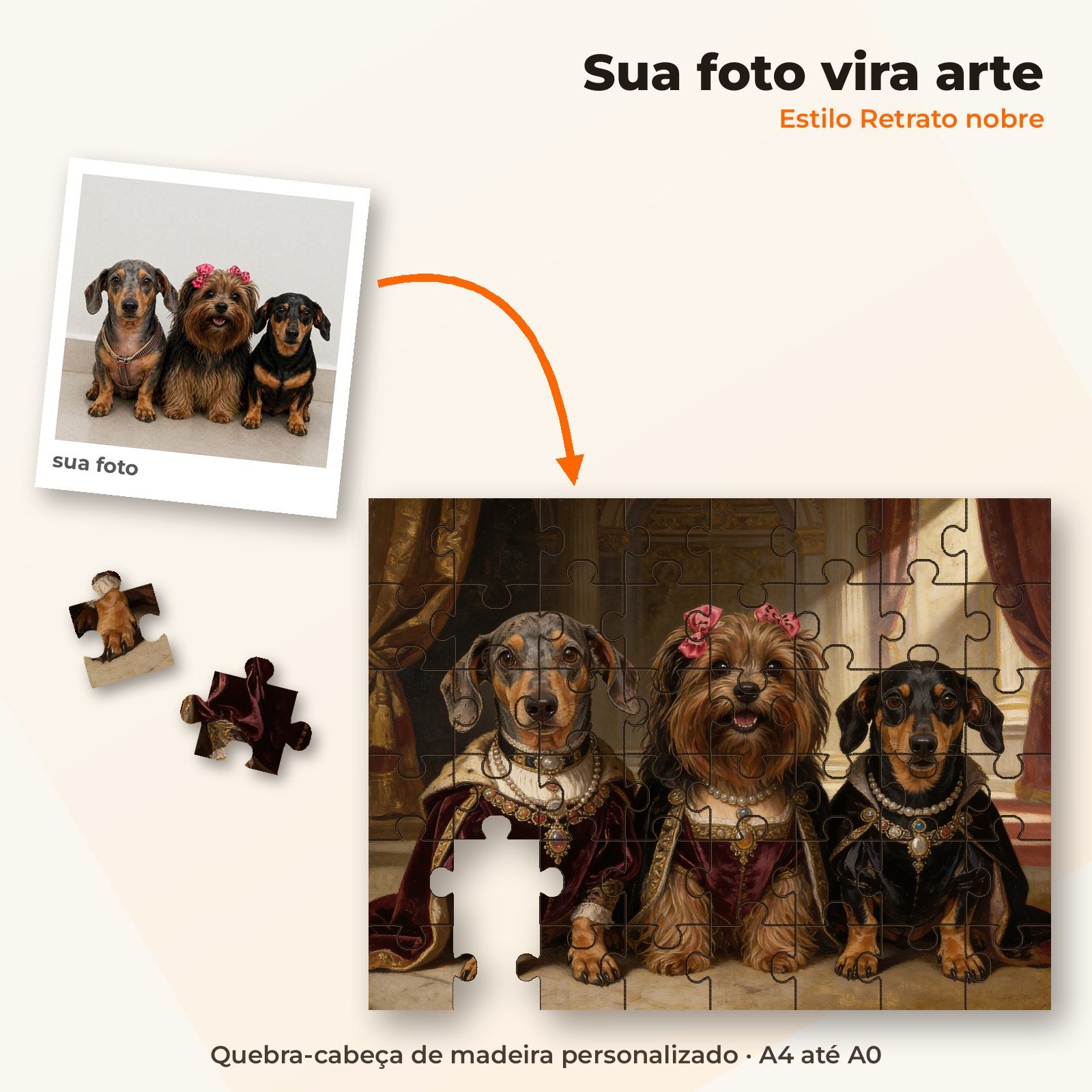 Foto de 3 cachorros virando quebra-cabeça de madeira no estilo Retrato nobre